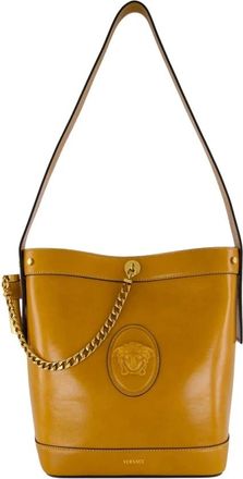 Versace Tassen, Dames, Bruin, ONE Size, Leer, Pivot Small Bucket Bag