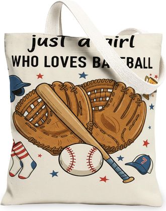 Generic Baseball Canvas Tote Bags, Fun Sports Design Reusable Grocery Bags, Summer Lightweight Washable Shoulder Strap Canvas for G, Beige, 13x15 Inch