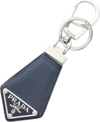 Prada Vintage, unisex, Blauw, ONE Size, Leer, Pre-owned Saffiano Driehoek Sleutelhanger