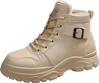 Generic Winter Combat Boots for Women Faux Fur Lined Platform Ankle Boot Lace-Up Casual Warm Snow Boots Outdoor Anti-Slip Walking Shoes(Beige,5.5)