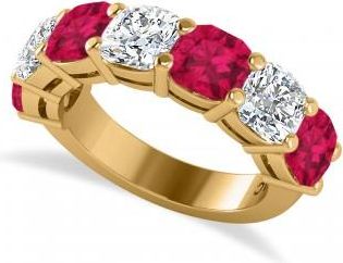 Allurez Cushion Lab Grown Diamond & Lab Ruby Seven Stone Ring 14k Yellow Gold (5.85ct)