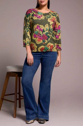 Tribal Syra Soft Yarn Three-Quarter Sleeve Crewneck Sweater In Chive