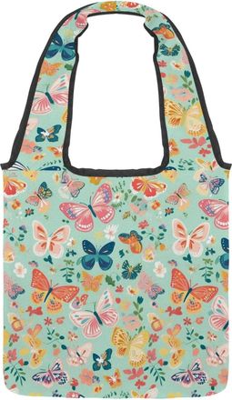Generic Colorful Butterfly with Flower Leaves Reversible Canvas Shoulder Tote - Double-Sided Print, 12oz Cotton, 27cm Drop, Fold-Flat Bag for Travel, Shopping