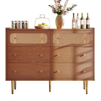 STILVORA C&oacute;moda Con 6 Cajones Y 2 Frentes De Rat&aacute;n, Esquinas Redondeadas, Estilo Vintage, En Madera Y Metal, 120&times;40&times;90 Cm, Nogal