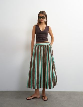 Topshop Saloon - Gonna lunga a righe marroni con vita scesa in coordinato-Marrone
