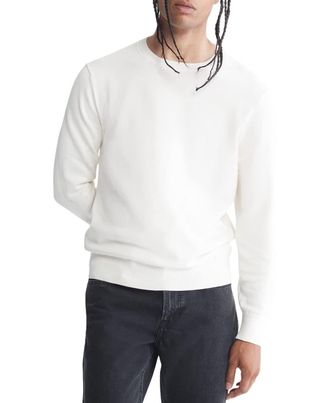 Calvin Klein Mens Supima Cotton Solid Monogram Logo Sweater, Egret, Large