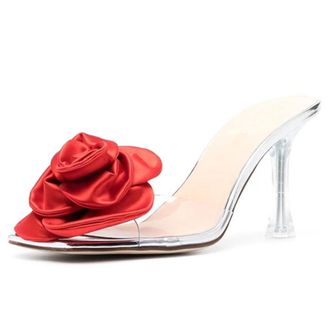 Generic Qynthra Womens Transparent High Heel Mule Sandals with Red Satin Flower 7CM Crystal Stiletto Slip-On Round Toe Dress Slides for Evening Gala & Cocktai
