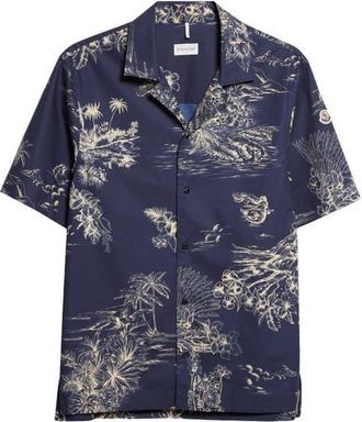 Moncler Tropical Print Short Sleeve Cotton Poplin Snap-Up Shirt in Blue at Nordstrom, Size Xx-Large