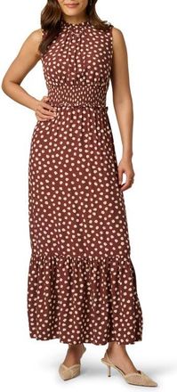 Adrianna Papell Print Smocked Waist Maxi Dress in Brown/ecru at Nordstrom, Size 16