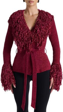 Naked Wardrobe Fringe Tie Waist Chenille Cardigan in Currant at Nordstrom, Size X-Small