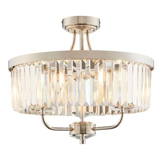 Loops Bright Nickel Semi Flush Ceiling Light with Clear Cut Glass 3 Bulb Low Hanging in Metallics