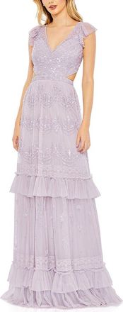 Mac Duggal Sequined Ruffled Cap Sleeve Cut Out Tiered Gown