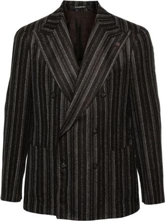 Tagliatore Gestreepte Wollen Jas met Broche Detail - Heren - Blazers - Zwart - 2XL - Wol - Jassen