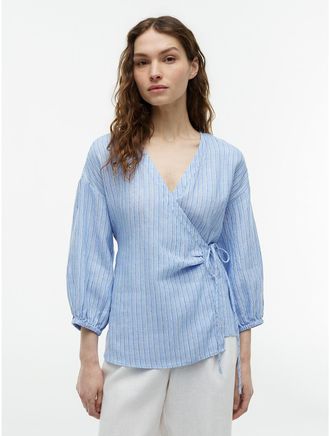 Tommy Hilfiger Womens Relaxed Fit Linen Side-Tie Blouse - Blue Khaki Stripe - 4