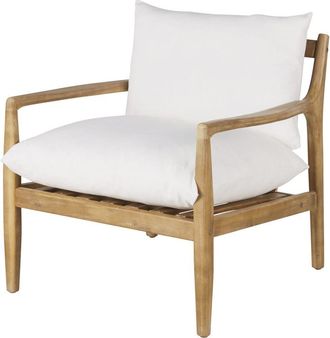 Maisons du monde Butaca de madera de acacia con cojines de algod&oacute;n y lino color crudo
