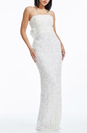 Dress The Population Izza Floral Appliqu&eacute; Sequin Strapless Gown in White at Nordstrom, Size X-Large