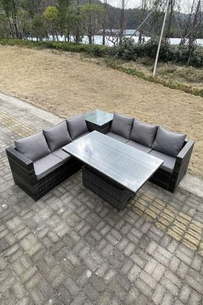 Fimous 6 Seater PE Rattan Corner Sofa Set Rising Adjustable Dining Table High Side Table in Dark Grey