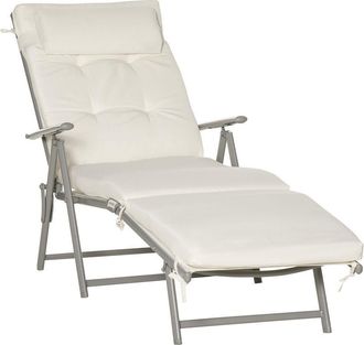 OUTSUNNY Sun Lounger Steel Frame Outdoor Folding Chaise Texteline Lounge Chair Recliner with Headrest & 7 Levels Adjustable Backrest White
