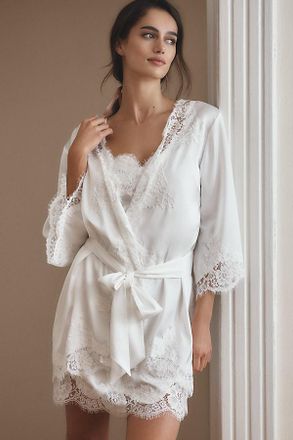 Homebodii Sian Lace-Trim Satin Mini Robe