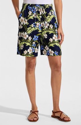 Lands End Linen High Rise Pull On 7 Shorts in Deep Sea/blue Floral Tropic at Nordstrom, Size X-Large