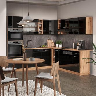 Vicco Cocina Esquinera R-line, Roble Negro/dorado De Alto Brillo, 237 X 60 Cm Sin Encimera