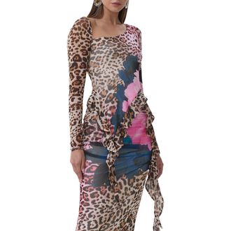AFRM Doris Ruffle Asymmetric Mesh Top in Animal Block Peony at Nordstrom Rack, Size X-Large