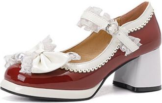 Generic Womens Round Toe Pumps Patent Leather Upper Adjustable Ankle Strap Pearl Lace Bow Embellishment Block Heel Platform Cushioned Insole Anti-Slip Durable