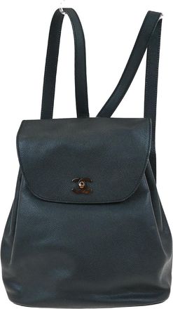 Chanel Vintage Cc Resin Flap Backpack Leather Black Leather Backpack Bag (Pre-Owned)