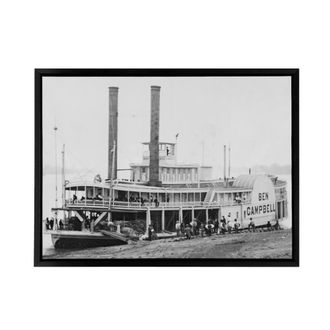 Artery8 River Steamboat Ben Campbell At Landing Framed Canvas Wall Art Print in Grey | Size: W24 x H32