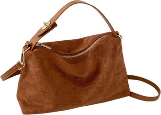 Generic Suede Bag for Women, Vintage Slouchy Faux Suede Shoulder Bag with Zipper Top-Handle Tote for School Work Travel Shopping, Brown