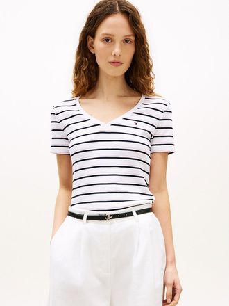 Tommy Hilfiger Womens Stripe V-Neck Favorite T-Shirt - White - XXL