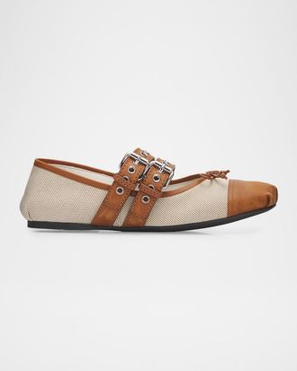 Miu Miu Canvas Leather-Strap Ballerina Flats
