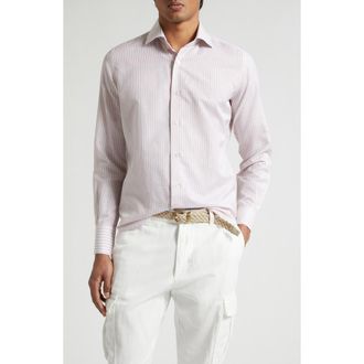 Eleventy Dandy Collar Stripe Cotton & Linen Button-Up Shirt in Dusty Pink at Nordstrom, Size Xxx-Large