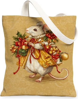 Generic Christmas Mouse Canvas Tote Bags, Festive Animal Design Reusable Grocery Bags, Holiday Lightweight Washable Shoulder Strap, Gold, 13x15 Inch