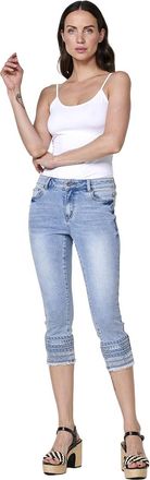 Kor&ouml;shi Womens Mid Blue Ripped Hem Embroidered Border Stretch Capri Jeans Pants Med Blue, blue, 12