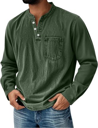 Generic Rugby Shirts for Men Henley Shirts for Men Long Sleeve Pullover Polo Rugby Shirt Vintage Button Up Country Distressed Western Washed T-Shirt Green 5XL