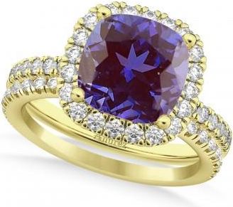 Allurez Lab Alexandrite & Diamonds Cushion-Cut Halo Bridal Set 14K Yellow Gold (3.38ct)