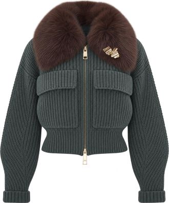 Liu Jo Cropped Dark Green Chunky Knit Bomber Jacket