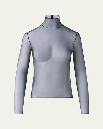 Akris Mock-Neck Stretch Tulle Fitted Long-Sleeve Shirt