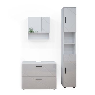 Vicco Conjunto De Muebles De Ba&ntilde;o Irma, Blanco Alto Brillo, 3 Piezas, Con Cajonera Y Mueble Alto