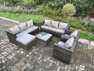 Fimous Outdoor Rattan Garden Furniture Set 9 Seater Patio Lounge Sofa Set with Armchair Square Coffee Table Big Footstool Dark Grey Mixed