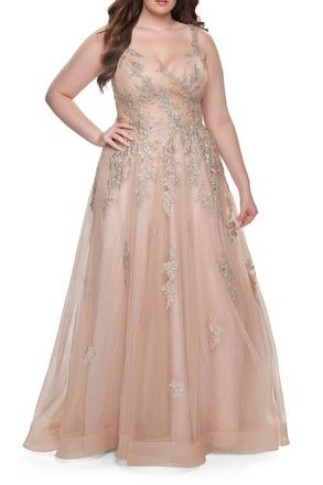La Femme Lace Embellished Tulle A-Line Dress with Illusion Back in Champagne at Nordstrom, Size 24W