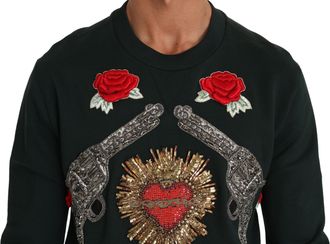 Dolce & Gabbana Mens Green Crystal Heart Roses Gun Sweater Cotton Clothing