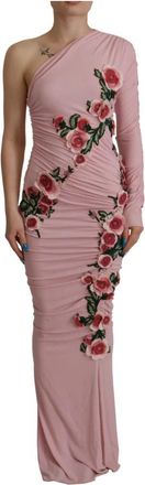 Dolce & Gabbana Roze Bloem Versierde One Shoulder Jurk - Dames - Avondkleed - Roze - XS - Rayon - Kleedjes