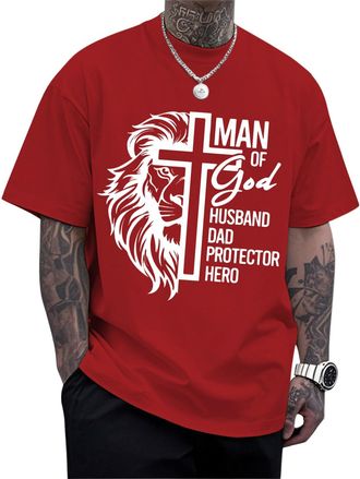 Generic Christian T-Shirts for Men Cotton Lion Head Cross Tees Religious Cross Printed T-Shirt Oversized Christ Tops Vacation Clothes