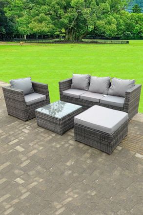 Fimous Lounge Rattan Sofa Set With Tables Stool Outdoor Furniture 5 Seater in Dark Grey
