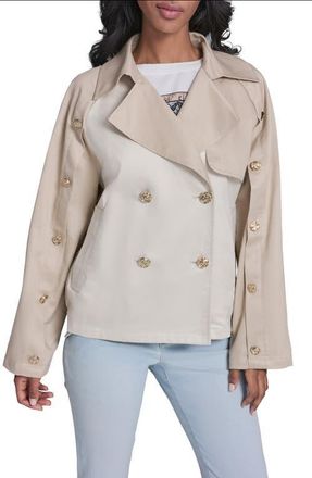 Karl Lagerfeld Mixed Media Crop Cotton Blend Trench Coat in Bisque at Nordstrom, Size X-Large