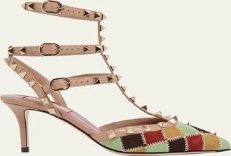 Valentino Garavani 100mm Rockstud Patchwork Suede Ankle-Strap Pumps