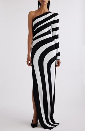 Balmain Stripe One-Shoulder Maxi Dress in Eab Black/White at Nordstrom, Size 2 Us