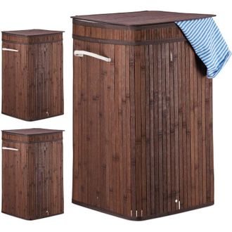 Relaxdays Relaxdays 3x Bamboo Pop-Up Laundry Hamper, with Handles, Portable, 70L Load, Square Laundry Bag, HxØ: 63 x 36cm, Brown